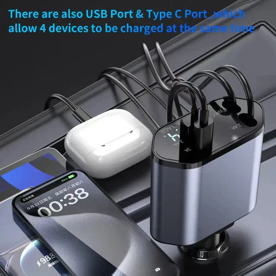 TALYO™ 4 IN 1 Retractable Car Charger USB Type C And IOS Cable