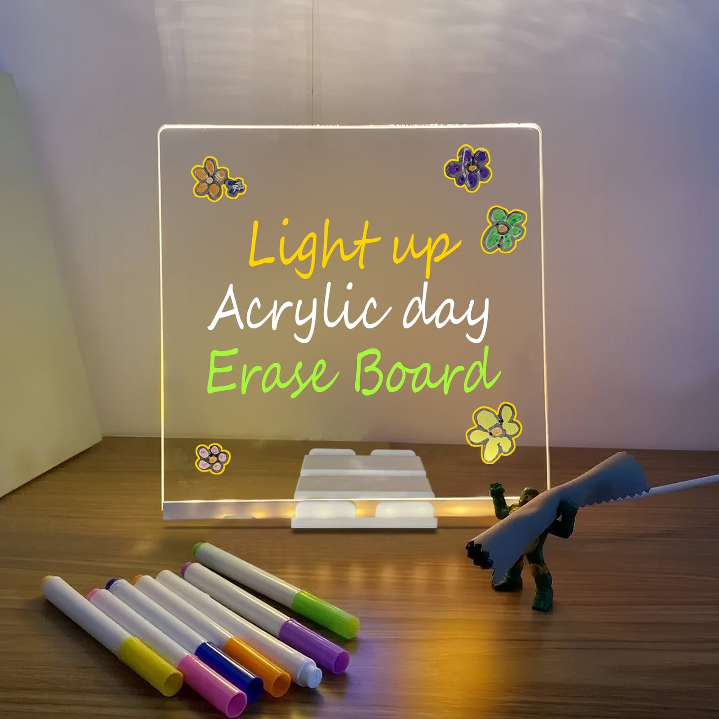 TALYO™ LED Light-Up Writing Board with Colorful Markers –  DIY Acrylic Writing Pad with Stand & Erasable Pens for Kids, Important Notes and  Welcome Messages