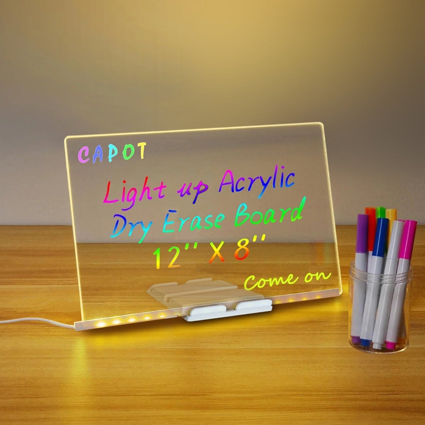 TALYO™ LED Light-Up Writing Board with Colorful Markers –  DIY Acrylic Writing Pad with Stand & Erasable Pens for Kids, Important Notes and  Welcome Messages