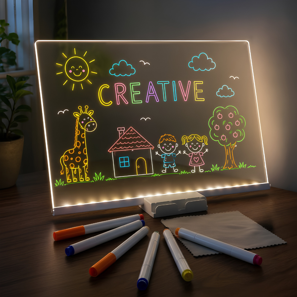 TALYO™ LED Light-Up Writing Board with Colorful Markers –  DIY Acrylic Writing Pad with Stand & Erasable Pens for Kids, Important Notes and  Welcome Messages